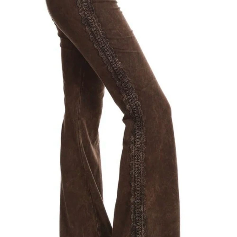 Chatoyant Mineral Washed Lace Trim Bell Bottom Pants Size S Boho Western Neutral
